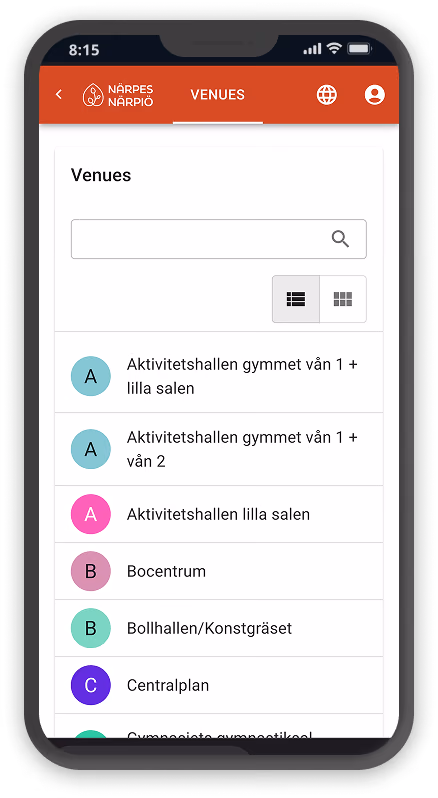 Timle mobilapp — lista över bokningsbara anläggningar
